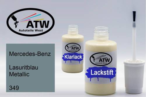 Mercedes-Benz, Lasuritblau Metallic, 349: 20ml Lackstift + 20ml Klarlack - Set, von ATW Autoteile West.